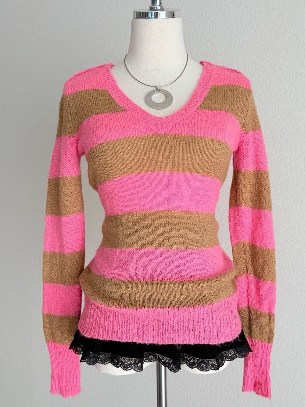 J. Crew Pink & Brown Striped V-Neck Sweater